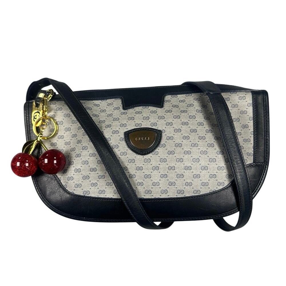 Gucci Micro GG Canvas Navy Leather Crest Crossbody Bag Vintage